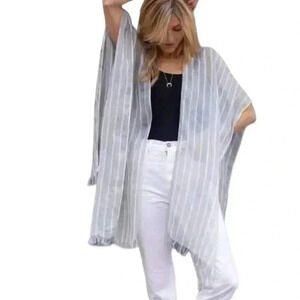 Mer/sea 100% Linen Gray White Stripe Open Front Wrap Cover Up Kimono Siz…